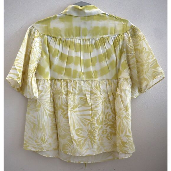Banana Republic Women Petite Sz XS Yellow Floral Matte Silk Tie-Front Shirt - Picture 2 of 9
